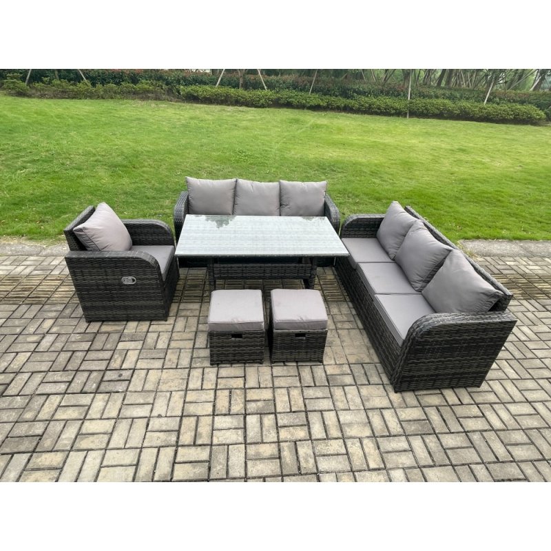 Fimous 9 Seater Lounge Rattan Sofa Set Outdoor Garden Furniture Oblong Rectangular Dining Table With Adjustable Chair 2 Small Footstools Dark Grey Mixed
