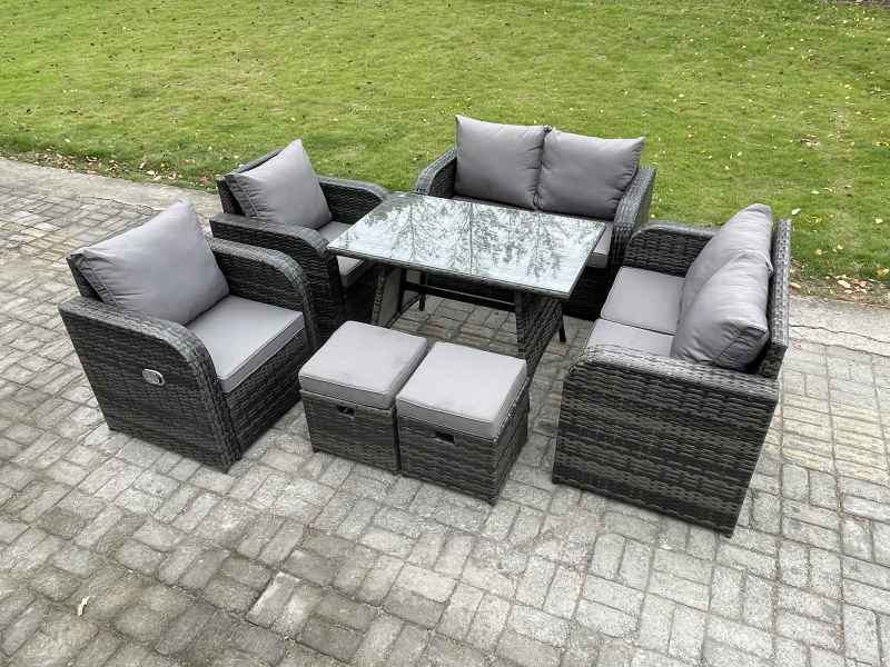 Fimous Wicker PE Rattan Garden Dining Set Outdoor Furniture Sofa with Rectangular Dining Table 2 Small Footstool Dark Grey Mixed