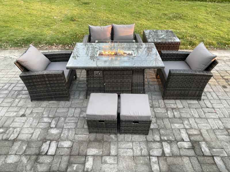 Fimous 6 Seater?Outdoor Rattan Sofa Set Garden Furniture Gas Firepit Dining Table Heater with Side Table 2 Small Footstool Dark Grey Mixed