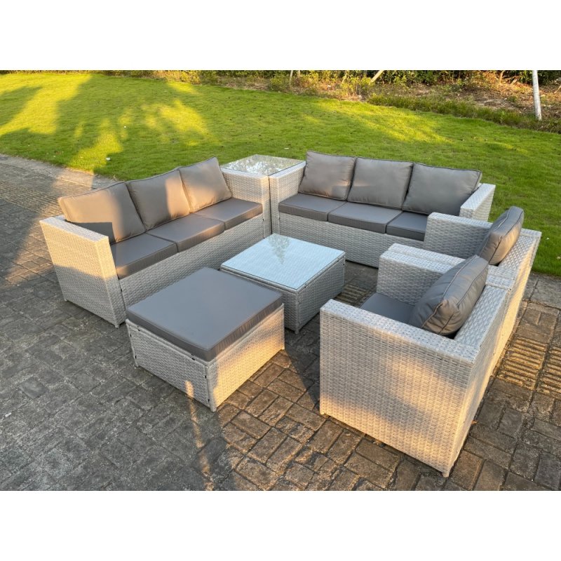 Fimous 9 Seater Light Grey Rattan Sofa Set Chairs 2 Coffee Table Footstool Outdoor Garden Furniture