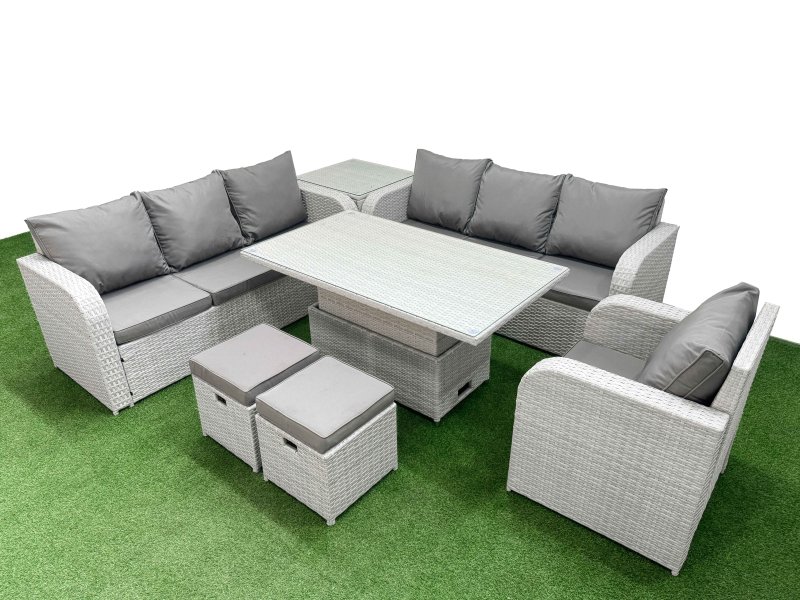 Fimous 9 Seater Poly Rattan Outdoor Garden Furniture Adjustable Lifting Dining or Coffee Table Sofa Set Patio 3 Seater Sofa Reclining Chair 3 Seater Sofa Stools Side Table Light Grey