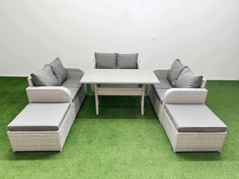 Fimous 8 Seater PE Wicker Rattan Furniture Sofa Sets with Rectangular Dining Table 2 Seater Love Sofa 2 Big Footstool Light Grey