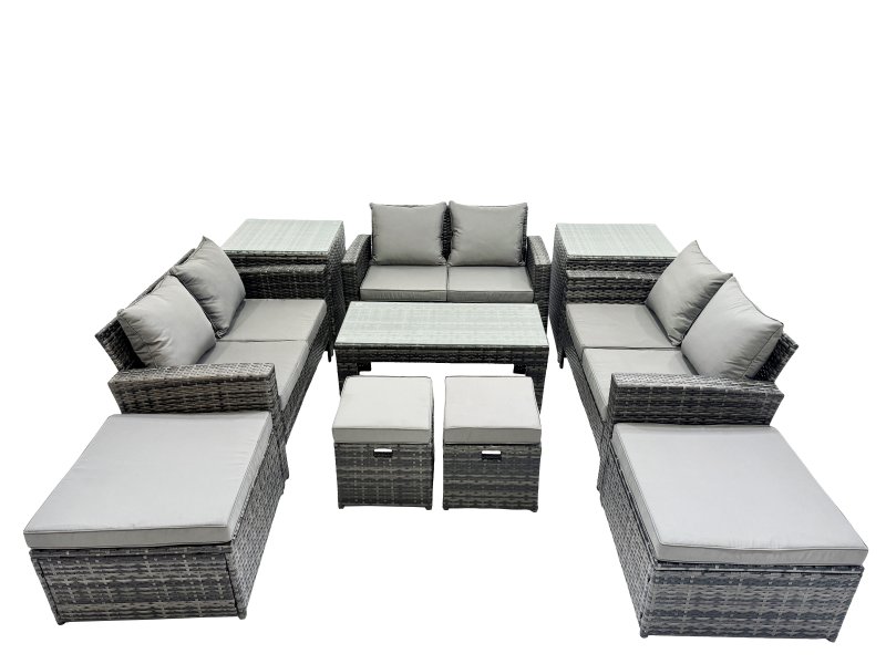 Fimous Outdoor Love Sofa Set 10 Seat Rattan Garden Furniture Set with Oblong Coffee Table 4 Stools 2 Side Table Dark Grey Mixed