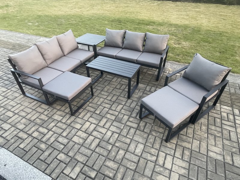 Fimous Aluminium 7 Pieces Garden Furniture Set with Cushions 9 Seater Outdoor Patio Lounge Sofa Set with Armchair 2 Big Footstools Side Table Dark Grey