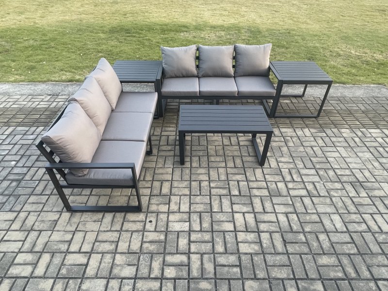 Fimous Aluminium 5 Pieces Outdoor Garden Furniture Lounge Sofa Set with Oblong Coffee Table 2 Side Tables Dark Grey