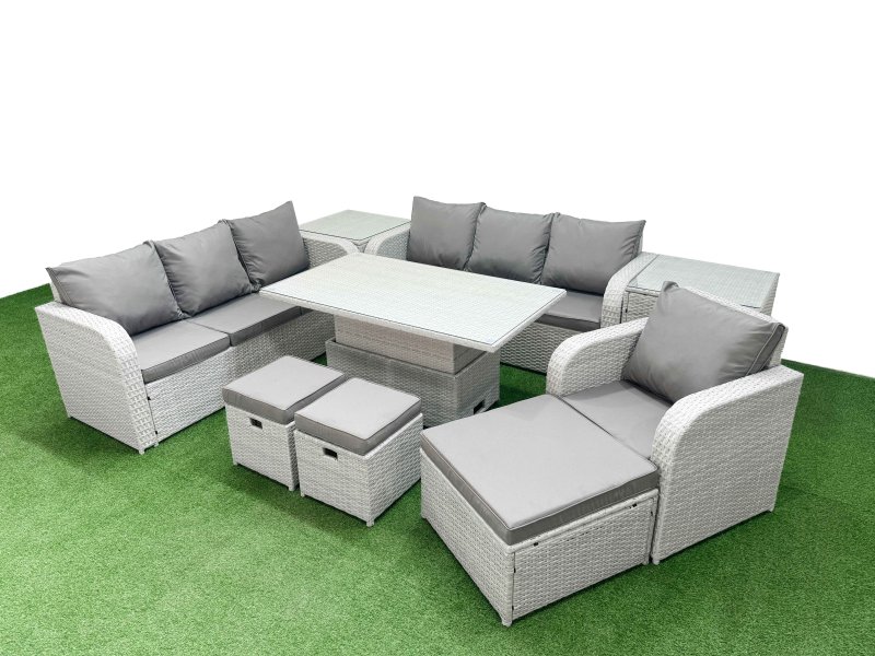 Fimous 10 Seater Poly Rattan Outdoor Garden Furniture Adjustable Lifting Dining or Coffee Table Sofa Set Patio 3 Seater Sofa Reclining Chair 3 Seater Sofa 3 Stools 2 Side Table Light Grey