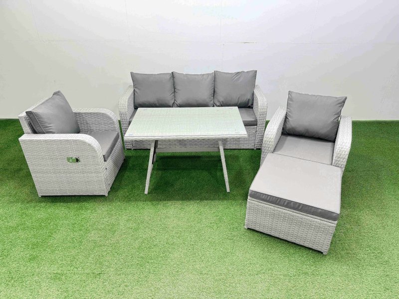 Fimous Reclining Chair 3 Seat Sofa Set Garden Furniture Set with Rectangular Dining Table Big Footstool Light Grey