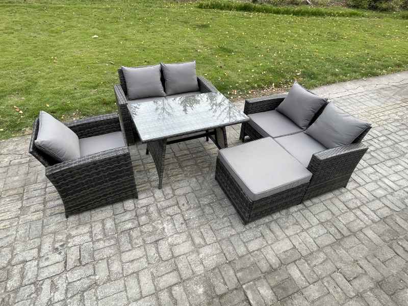 Fimous 6 Seater Wicker PE Rattan Garden Dining Set Outdoor Furniture Sofa with Rectangular Dining Table Double Seat Sofa Big Footstool Dark Grey Mixed