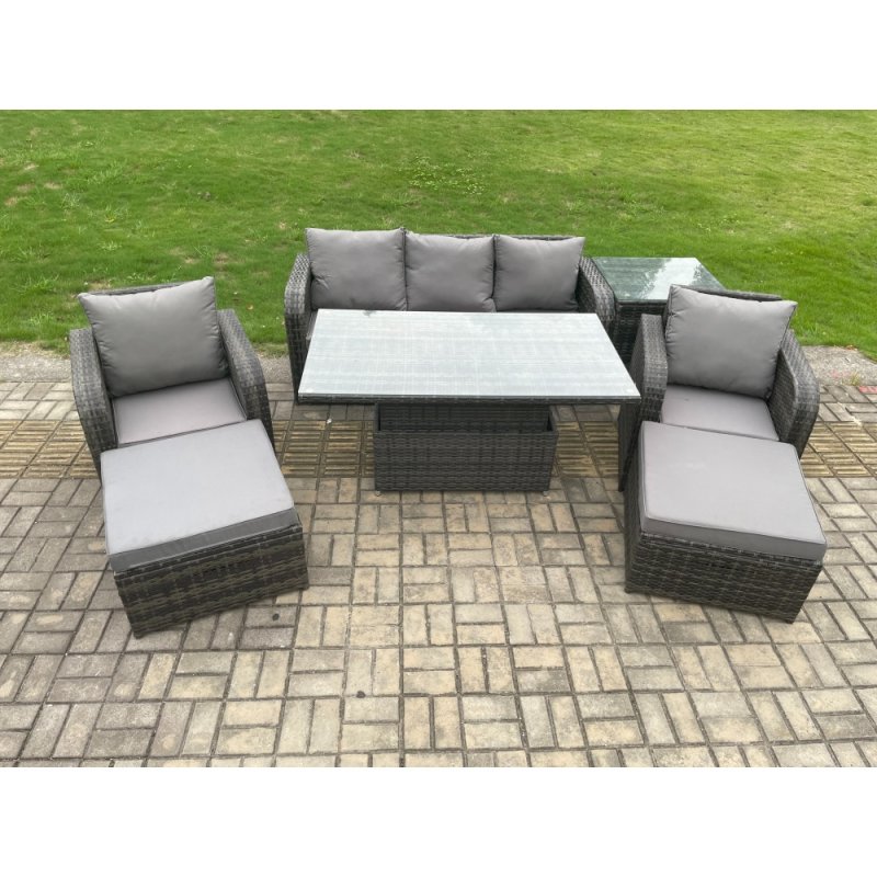 Fimous Outdoor Rattan Furniture Garden Dining Sets Height Adjustable Rising lifting Table Sofa Set With Chairs Side Tables 2 Big Footstools