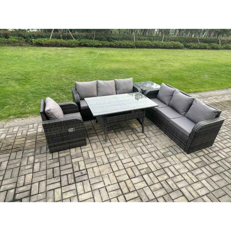 Fimous 7 Seater Rattan Garden Furniture Set Oblong Rectangular Dining Table and Chairs Set with 3 Seater Sofa Side Tables Dark Grey Mixed