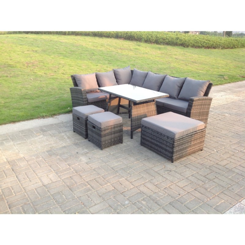 Fimous 9 Seater High Back Rattan Garden Furniture Set Corner Sofa With Oblong Dining Table 3 Footstool