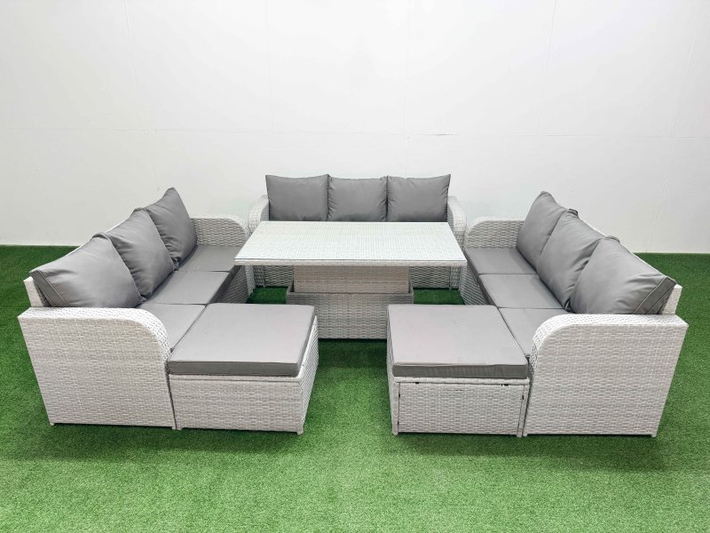 Fimous PE Rattan Lounge Sofa Set 11 Seater Outdoor Garden Furniture Set with Adjustable Lifting Dining or Coffee Table 3 Seater Sofa 2 Big Footstools Light Grey