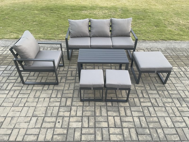 Fimous Aluminium Outdoor Garden Furniture Set Patio Lounge Sofa with Oblong Coffee Table 3 Footstools Armchair Dark Grey