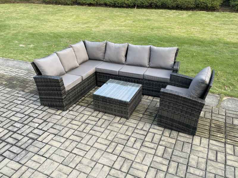 Fimous 7 Seater Outdoor Furniture Garden Dining Set Rattan Corner Sofa Set with Square Coffee Table Armchair Dark Grey Mixed
