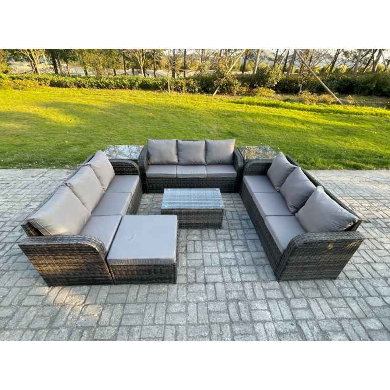 Fimous Rattan Lounge Sofa Set 10 Seater Outdoor Garden Furniture Set with Rectangular Coffee Table 3 Seater Sofa 2 Side Tables Big Footstool Dark Grey Mixed