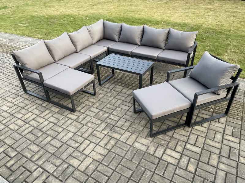 Fimous Aluminium Outdoor Garden Furniture Set Lounge Corner Sofa Chair Oblong Coffee Table Sets with 2 Big Footstools Dark Grey