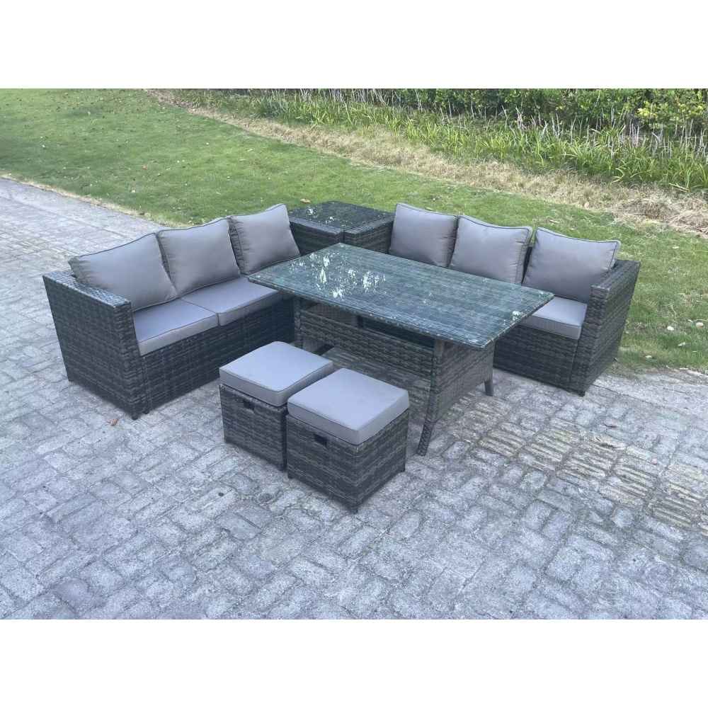 8-Seater Dark Grey Rattan Garden Dining Set with Lounge Sofa & Stools ...