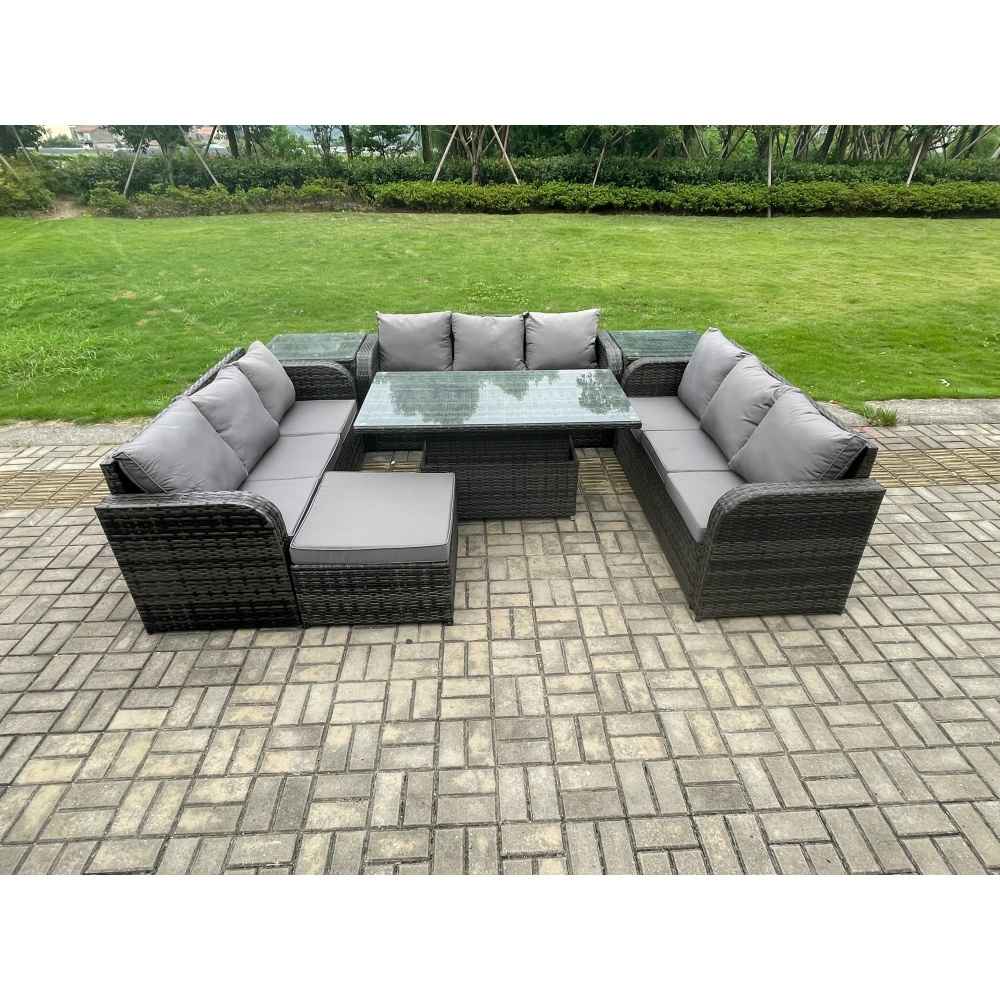 Outdoor Rising Table Deluxe Outdoor Rattan Dining Set with Adjustable Rising Table: Yavolo