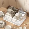 Living and Home Iron Dish Drainer Rack with Removable Drip Tray - Compact Sink Organizer with Wooden Handle, Ventilated Slots & Plastic Utensil Bins