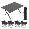 Living and Home 90cm X-Shaped Folding Camping Table & Chair Set, 90cm Black Roll Top Table + 4 Low-Back Moon Chairs, Portable Outdoor Picnic Furniture with Carry Bags