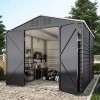 8.09 x 8.53 ft Apex Metal Garden Storage Shed - Charcoal Black, Double Doors, 2 Windows, Built-in Shelving, Ventilation, Padlock Compatible
