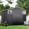 8.09 x 8.53 ft Apex Metal Garden Storage Shed - Charcoal Black, Double Doors, 2 Windows, Built-in Shelving, Ventilation, Padlock Compatible