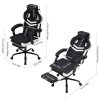 Living and Home Tech Fabric Ergonomic Reclining Gaming Chair, Black+White, w/ Massage Lumbar Support & Footrest