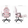 Living and Home Tech Fabric Gaming Chair, White+Pink, 135° Reclining Game Chair w/ Massage Lumbar Support, Footrest & Headrest