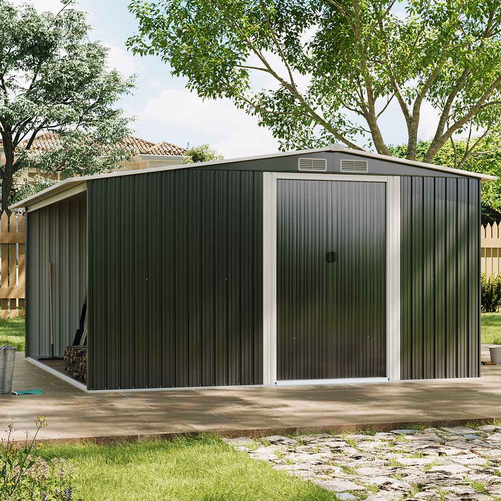 8ft x 8ft Black Metal Garden Storage Shed with Log Storage: Yavolo