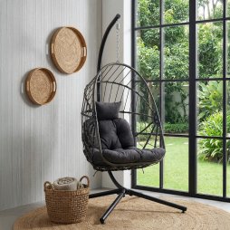 Living and Home Swing Hanging Egg Chair with Cushion and Headrest, Grey+Black