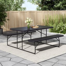 Living and Home Black Foldable Picnic Table and Bench Set with Parasol Hole 180cm W x 160cm D x 74cm H