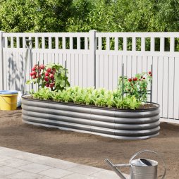 Living and Home 240cm W Outdoor Galvanized Steel Grey Raised Garden Bed with Green Trellis