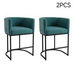 Living and Home Set of 2 Green Chenille Upholstered Low Back Bar Stools with Black Metal Frame