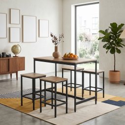 Living and Home 5 Piece Oak Wood Grain Bar Table Set with 4 Stools, Black Metal Frame Pub Dining Set
