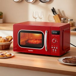 800W 20L Retro Microwave Oven with LED Display, 5 Cooking Power Levels, 8 Auto Menus