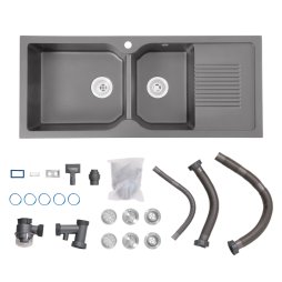Living and Home Double Bowl Quartz Resin Composite Kitchen Sink with Waste Kit, Graphite Grey