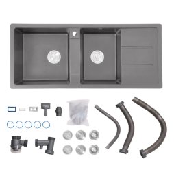 Living and Home Double Bowl Quartz Resin Composite Kitchen Sink with Waste Kit, Graphite Grey, 116cm (W) x 50cm (D) x 20cm (H)