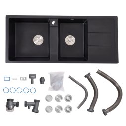 Living and Home Double Bowl Quartz Resin Composite Kitchen Sink with Waste Kit, 116cm (W) x 50cm (D) x 20cm (H), Black