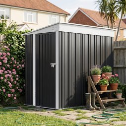 Living and Home 4.27x6.27FT Anthracite Single Door Metal Pent Roof Garden Storage Shed, Weatherproof Outdoor Tool Cabinet Without Base Floor