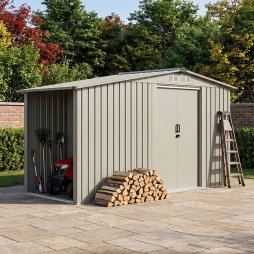 Living and Home 4.29x8.43FT Grey Apex Metal Garden Storage Shed with Side Log Storage Area, Lockable Sliding Double Door Outdoor Tool House Without Base Floor