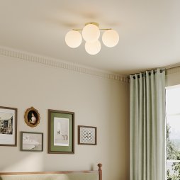 Living and Home 4-Light Gold Semi Flush Mount Ceiling Light, Milky White Glass Globe Shade E27 Ceiling Lamp, Wall Controlled Bedroom Lighting Fixture (Bulbs Not Included)