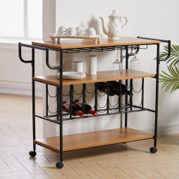 Living and Home Metallic Rolling Serving Bar Cart with Wine Rack