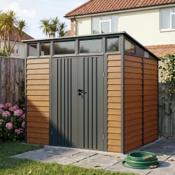 Living and Home 7.91 x 7.15FT Yellow Wood Grain Metal Garden Storage Shed w/ Double Lockable Doors & Acrylic Windows