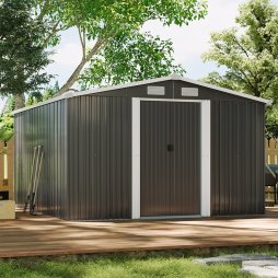  10.6 x 12.7 FT Metal Apex Roof Garden Shed Outdoor Storage House Double Door with Foundation Base, Charcoal Black