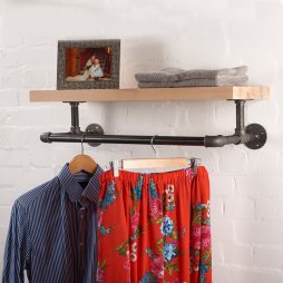 Wall Mounted Storage Shelf with Metal Pipe Towel Rack
