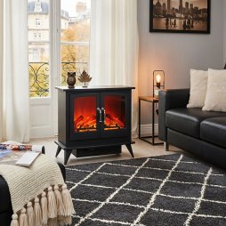  Freestanding Electric Fireplace Heater with Realistic Flame - 2000W, 40m2 Coverage, Adjustable Flame Color/Brightness, 1-9h Timer, Quiet & Safe