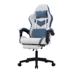 Living and Home Tech Fabric Gaming Chair, Blue+Grey, 135° Reclining Game Chair w/ Massage Lumbar Support, Footrest & Headrest