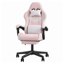 Living and Home Tech Fabric Gaming Chair, White+Pink, 135° Reclining Game Chair w/ Massage Lumbar Support, Footrest & Headrest
