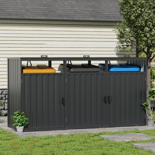 Living and Home 7.8x2.6 ft Outdoor Metal Garbage Can Garden Storage Shed, Dark Grey