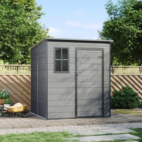 6 x 6FT Outdoor Dark Grey Wood Grain Plastic Garden Storage Shed w/ Window